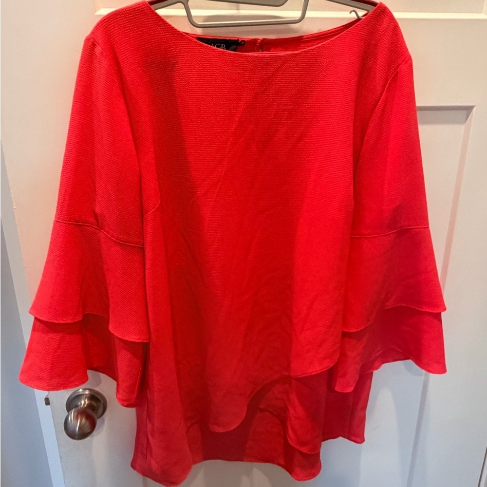 AGB Red Tiered Ruffle Bell Sleeve Top XL Boatneck Blouse Statement Sleeves